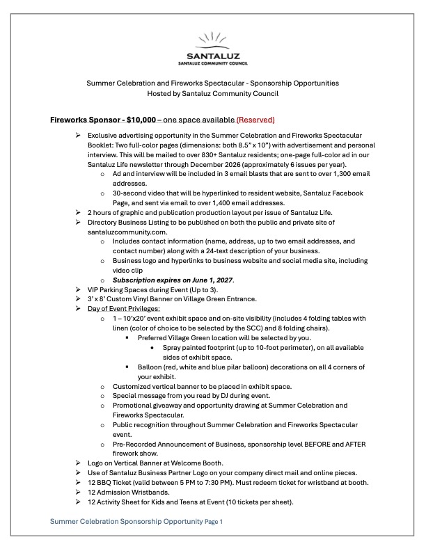Summer Celebration - Sponsorship Package